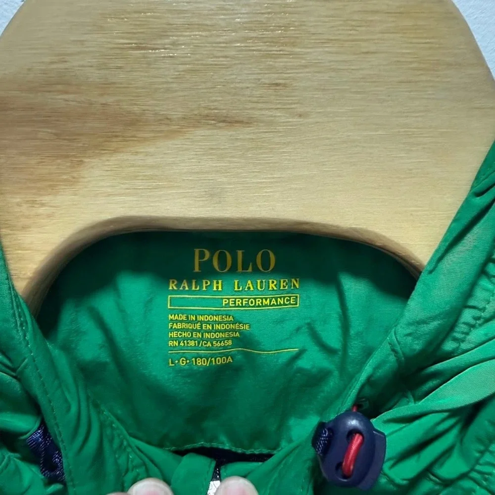 Polo Ralph Lauren Performance Mens Green‎ Navy Blue Hooded Windbreaker Jacket L